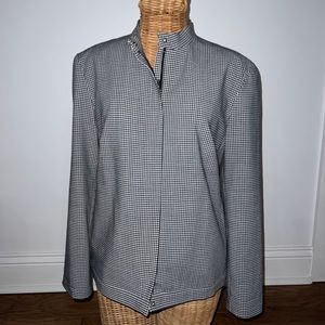 Talbots Womens Sz 6 Blazer Jacket Check Black White Gingham Zip Stretch Pockets